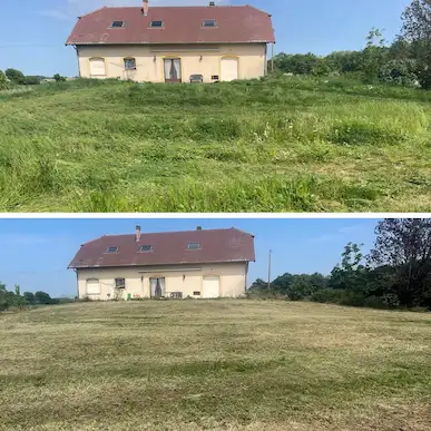 avant après du broyage des hautes herbes du verger à Rurange